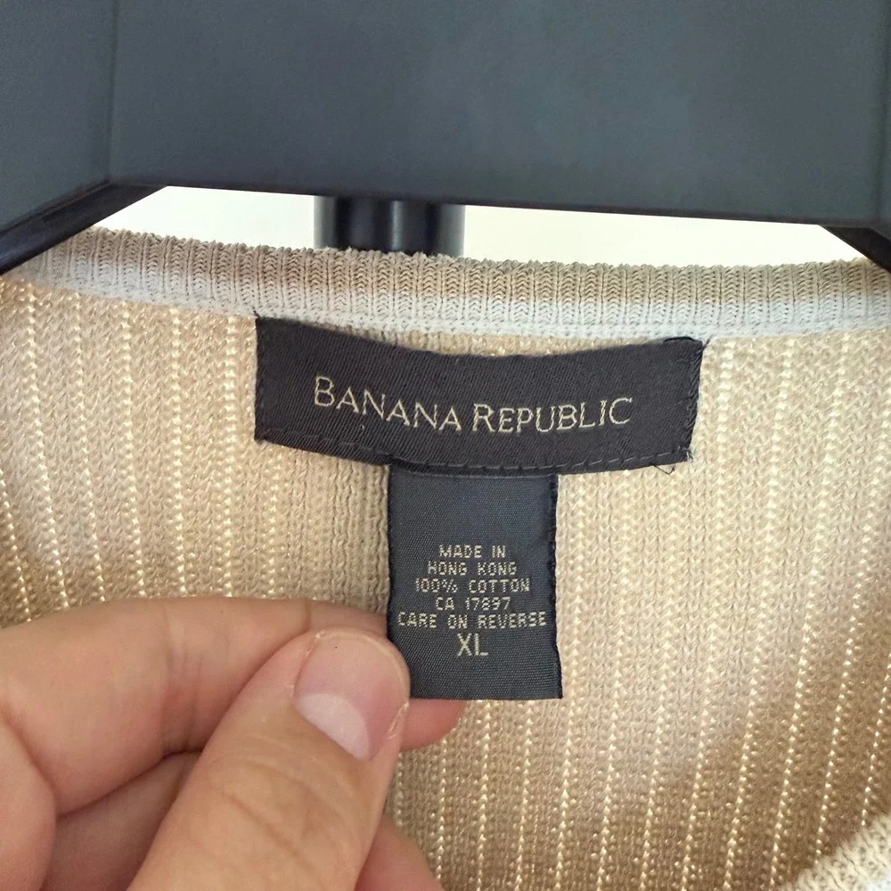 Y2K Banana Republic XL V-Neck Ribbed Knit Short Sleeve Cotton Sweater Tan White